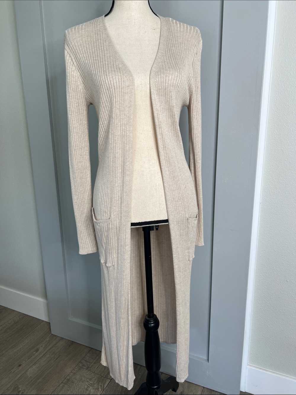 Hippie Rose Long Ribbed Open-Front Cardigan Sweater in Beige